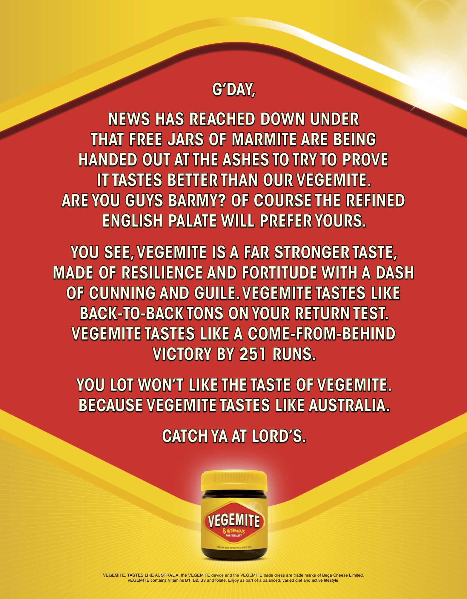 Aust vs England hostilities spread beyond the cricket field in new Vegemite ad via Thinkerbell