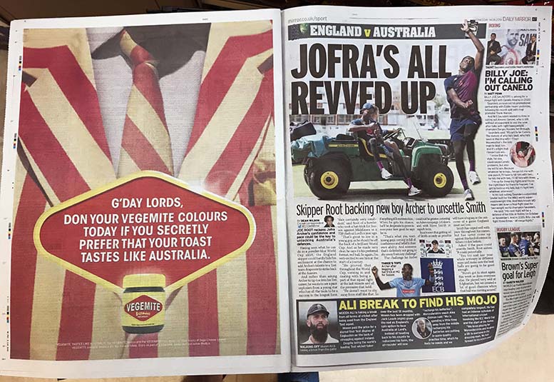Vegemite bowls bouncer at Lord’s in continuing campaign against England’s Marmite