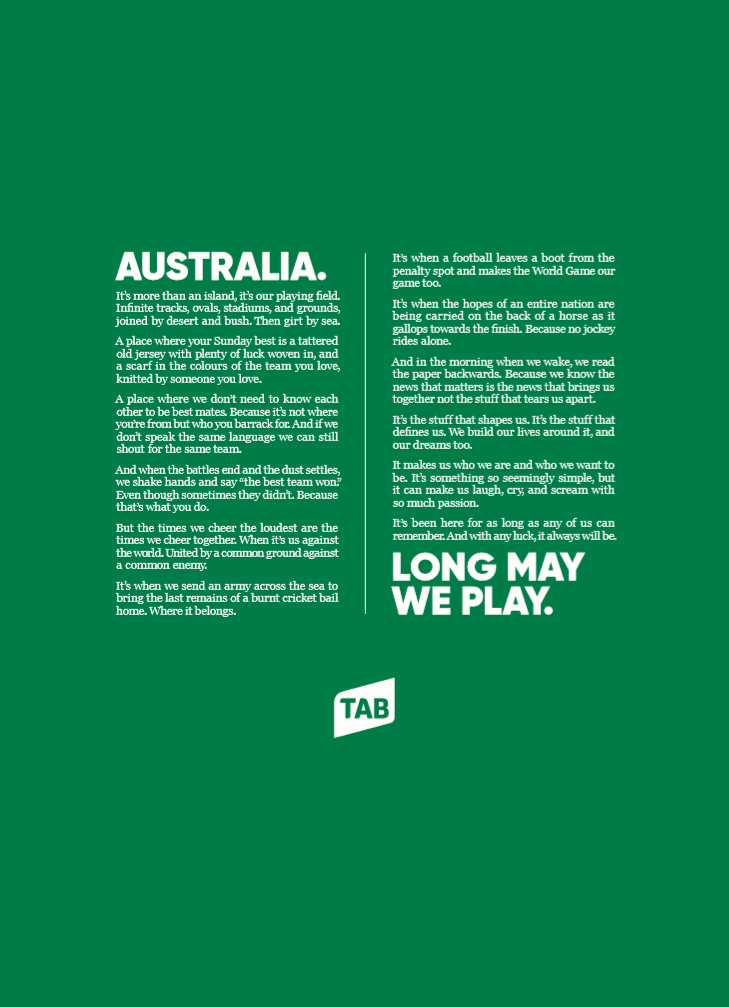 TAB LAUNCHES NEW ‘LONG MAY WE PLAY’ BRAND PLATFORM VIA M&C SAATCHI, SYDNEY