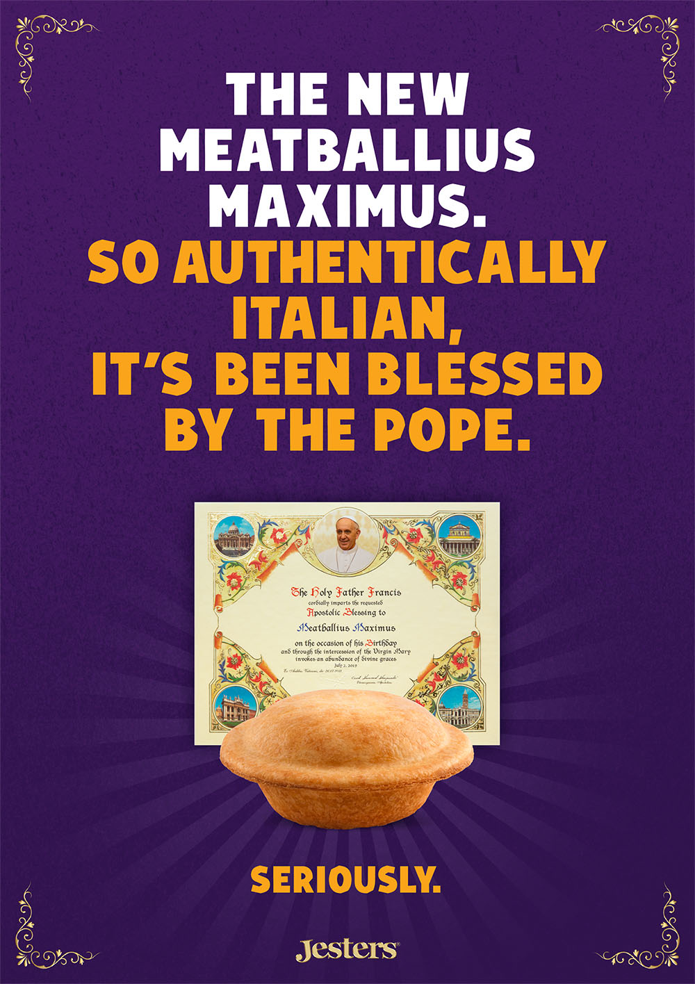 Jesters pie receives Apostolic Blessing from Pope Francis in new campaign via Meerkats, Perth
