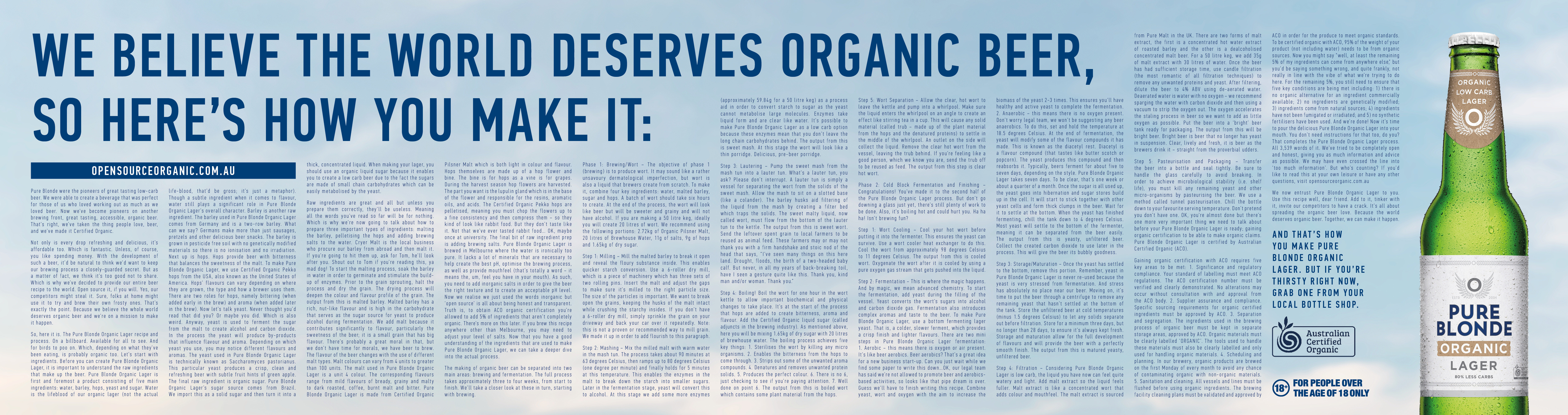 Pure Blonde Organic hits shelves with recipe revealed on billboards via Clemenger BBDO