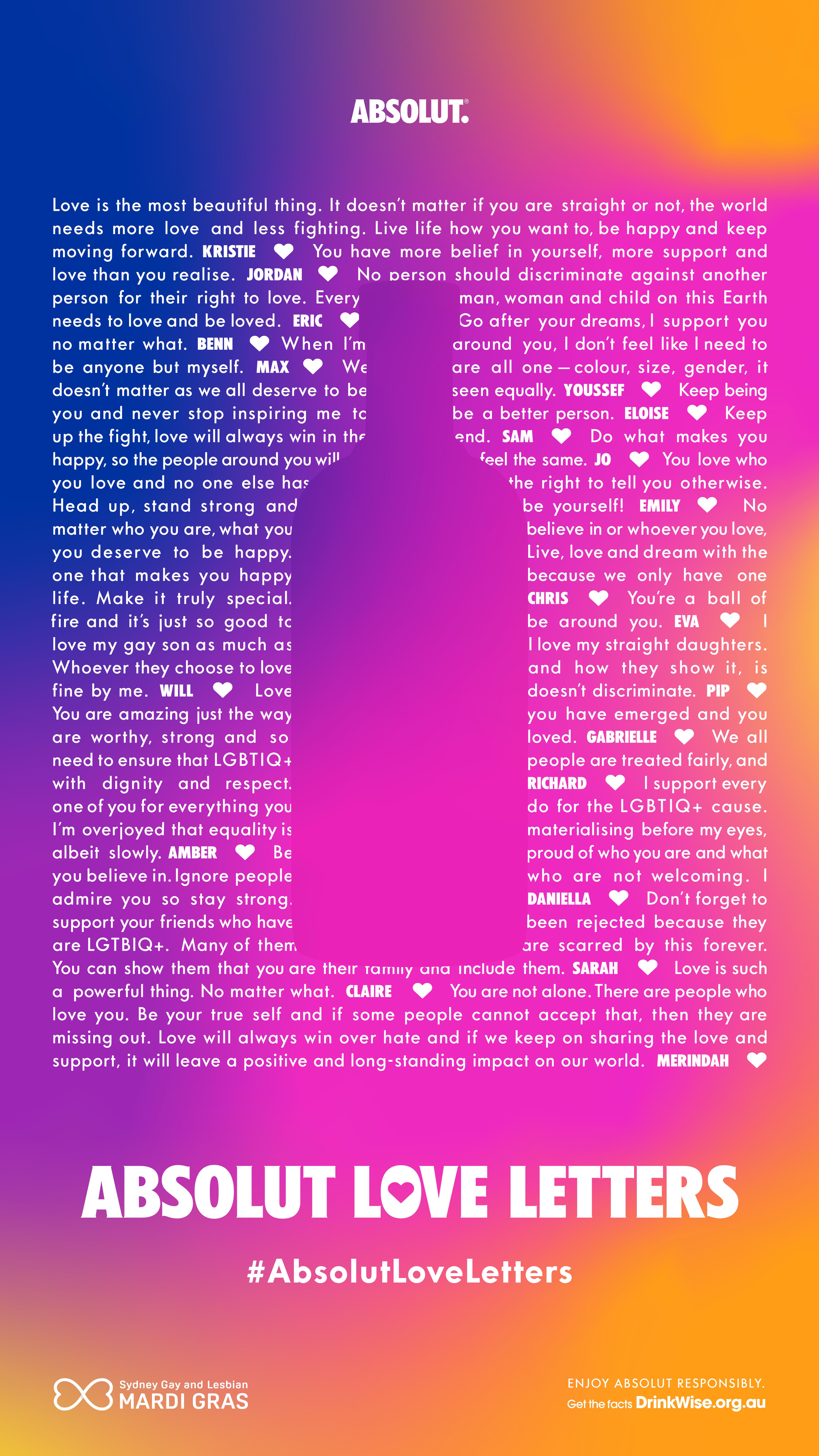Absolut encourages Aussies to Make Love Louder with Absolut Love Letters campaign via The Bravery and Republic of Everyone