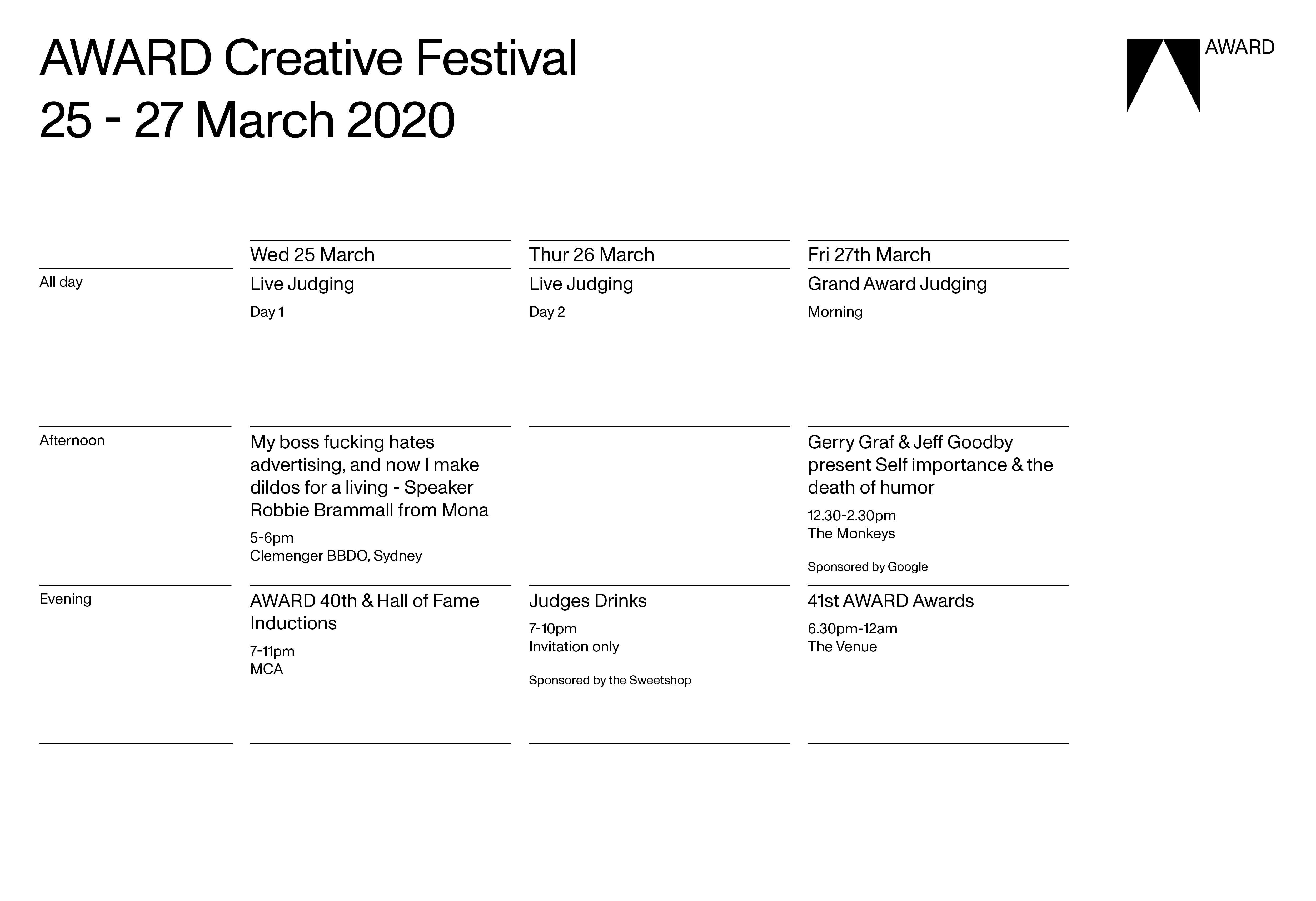 AWARD Creative Festival calendar of events announced: get your tickets now