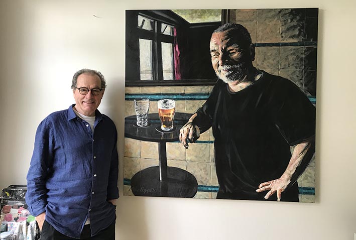 Director Mike Hayes enters ‘Jo has one for Mo’ painting into (now postponed) Archibald Prize