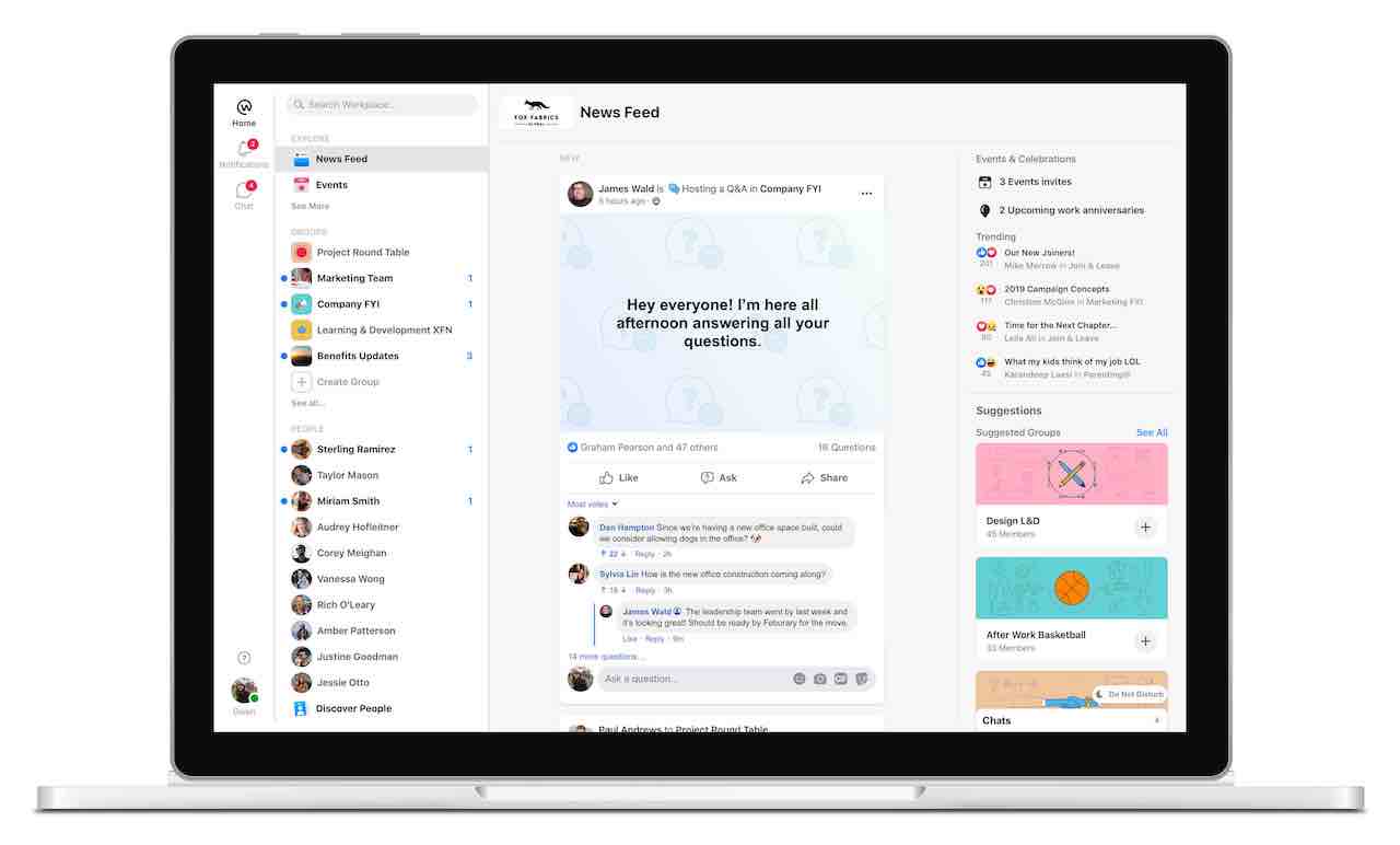 Facebook Workplace enables high fidelity comms and supports employees working remotely
