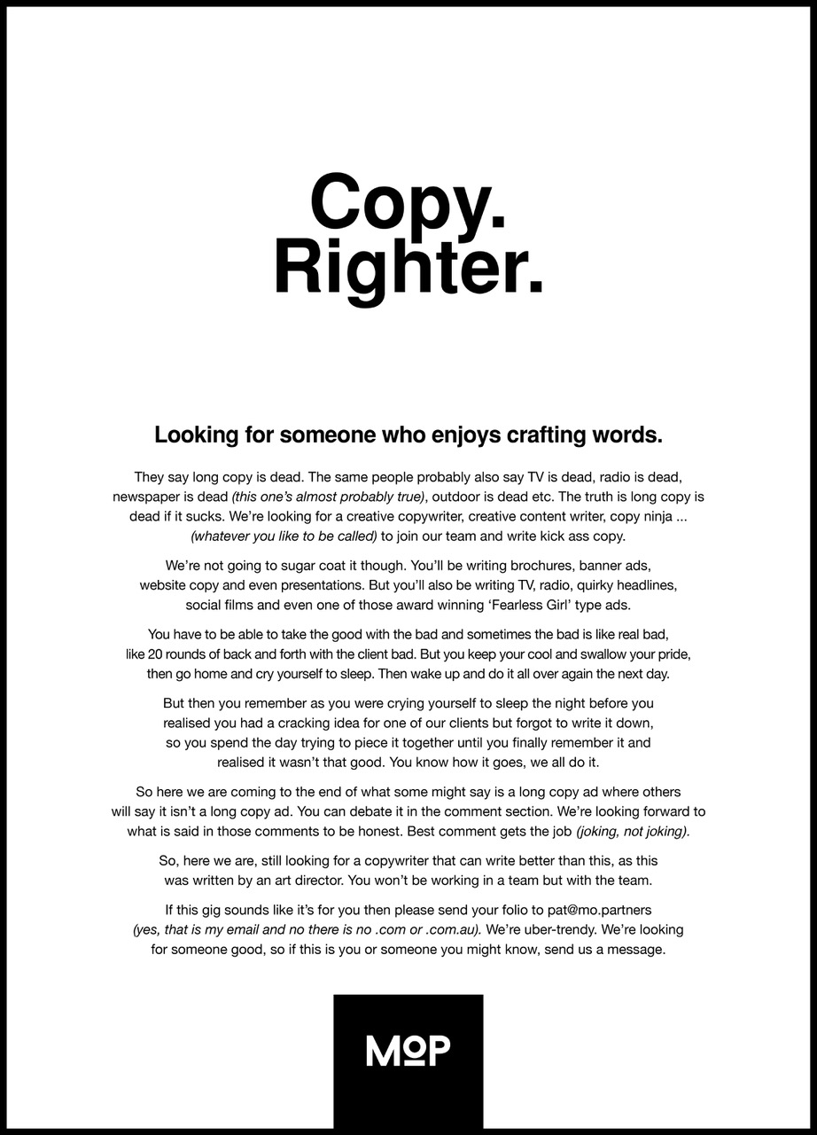 Independent Melbourne agency Magnum Opus Partners is looking for a copyrighter