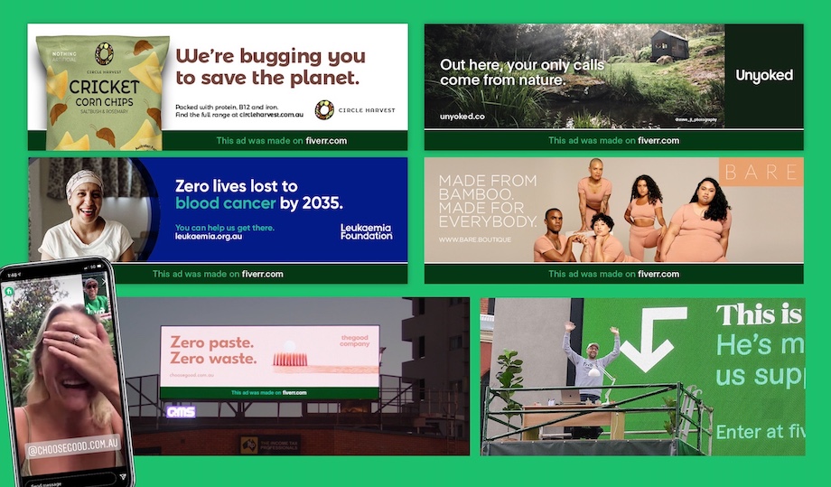 A freelancer attached to a large format billboard makes ads for Aussie businesses in new world-first Fiverr campaign via By All Means
