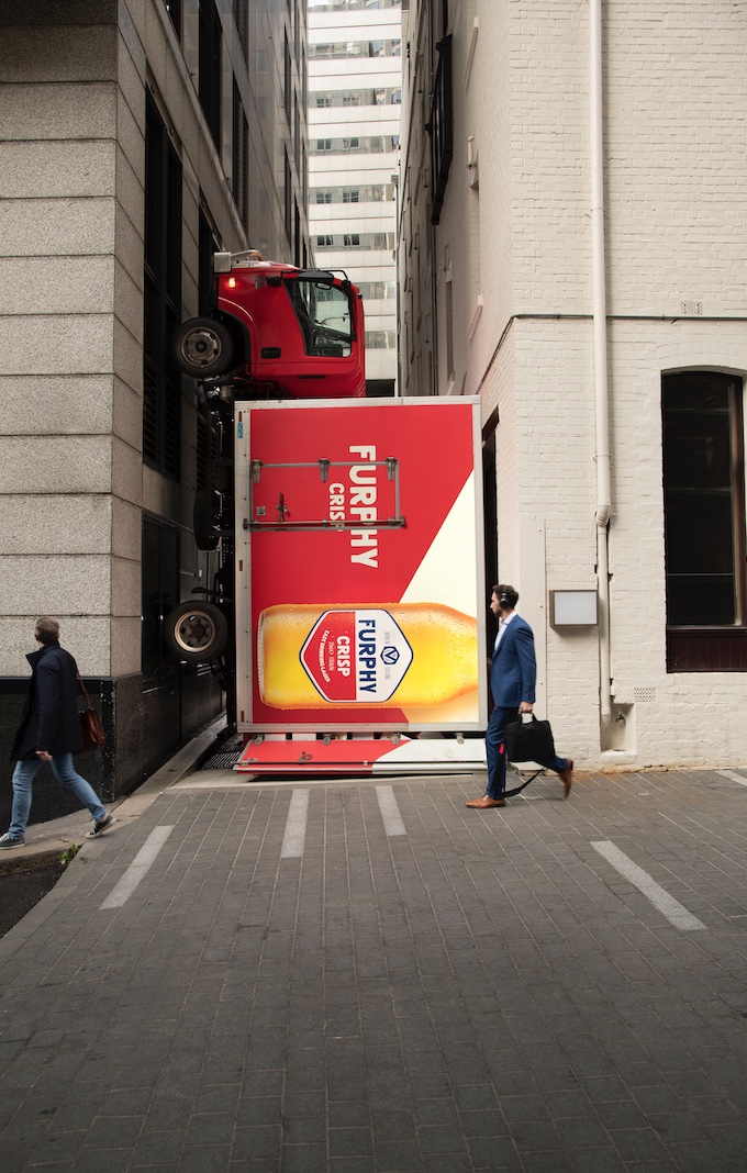 Furphy beer truck installed in Sydney’s CBD for Furphy Crisp Lager launch via Thinkerbell