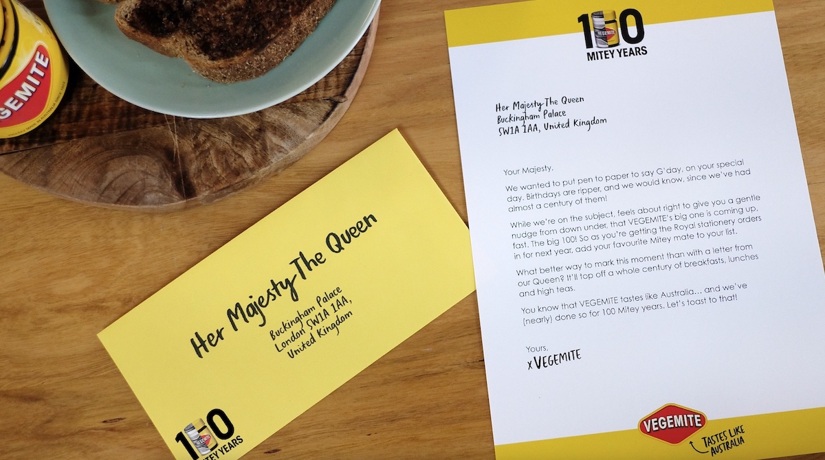 Vegemite requests a letter from the Queen ahead of 100th B’day in new campaign via Thinkerbell