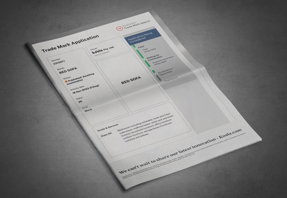 Koala turns trade Mark Application into a print advertisement via Thinkerbell