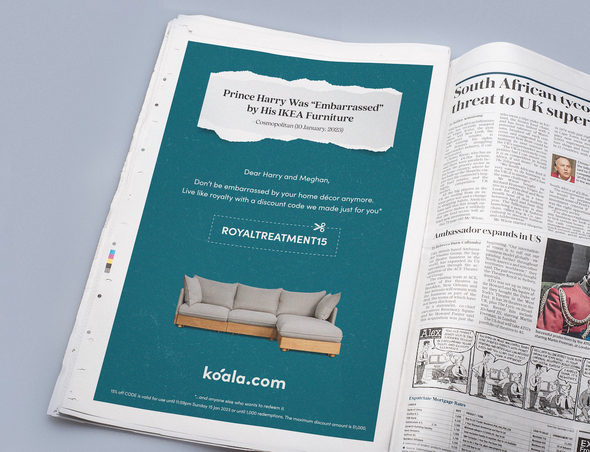 Koala offers exclusive discount for Prince Harry to help overcome his IKEA furniture embarrassment in new print ad via Thinkerbell
