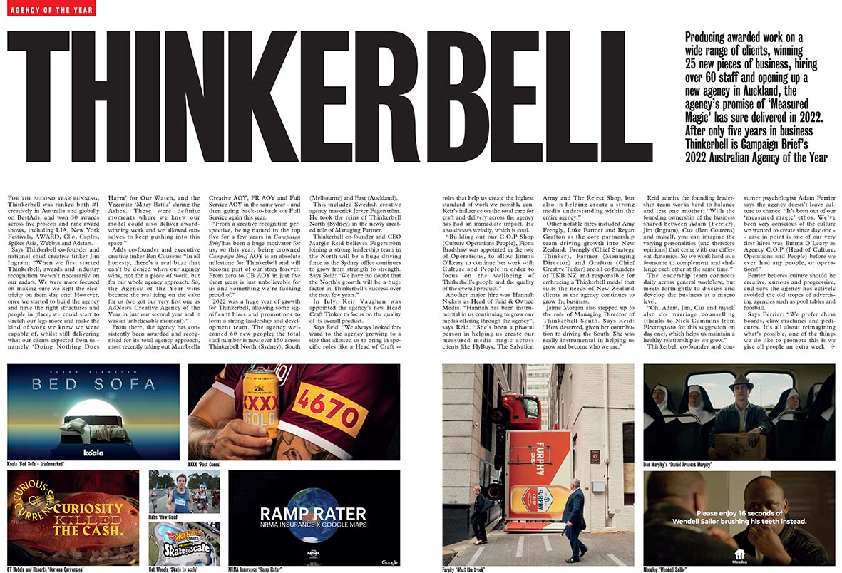 The agency’s promise of ‘Measured Magic’ has sure delivered in 2022. Why Thinkerbell is Campaign Brief Australian Agency of the Year