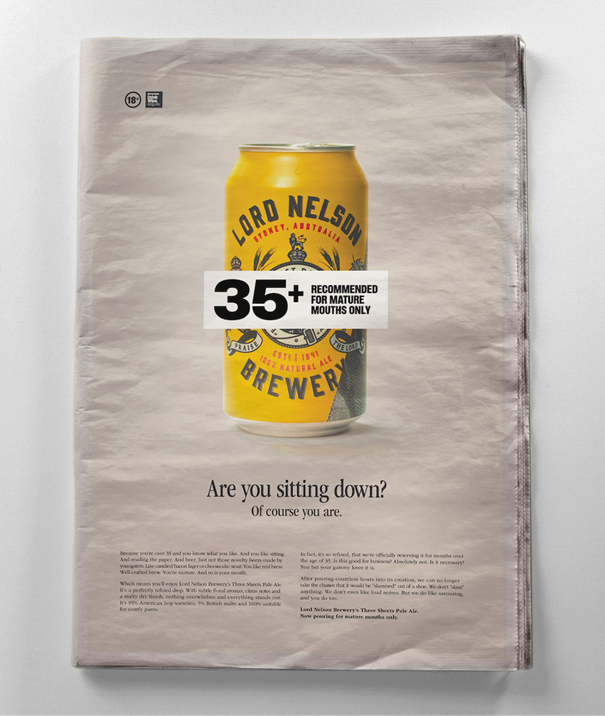 Lord Nelson Brewery raises the drinking age of Three Sheets Pale Ale to 35+ in new campaign via Howatson+Company