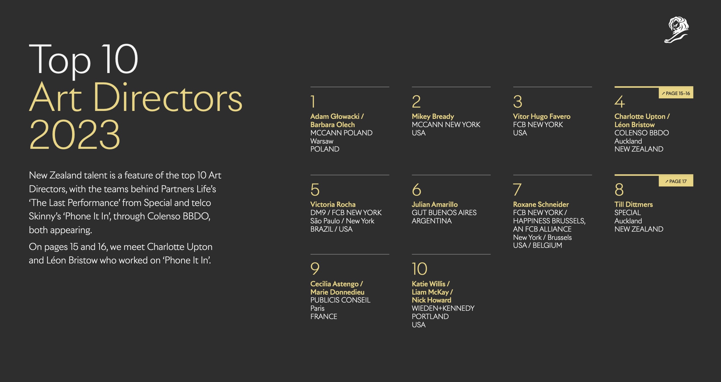 Aussie expat director Kim Gehrig ranked #8 director in Cannes Lions Global Talent Report; Kiwi creatives break into the Top 10 rankings