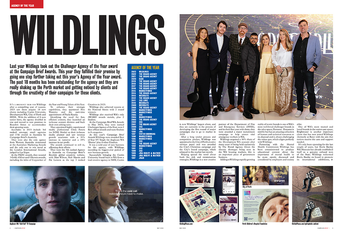Wildlings Creative takes out the Agency of the Year award at the Campaign Brief WA Awards