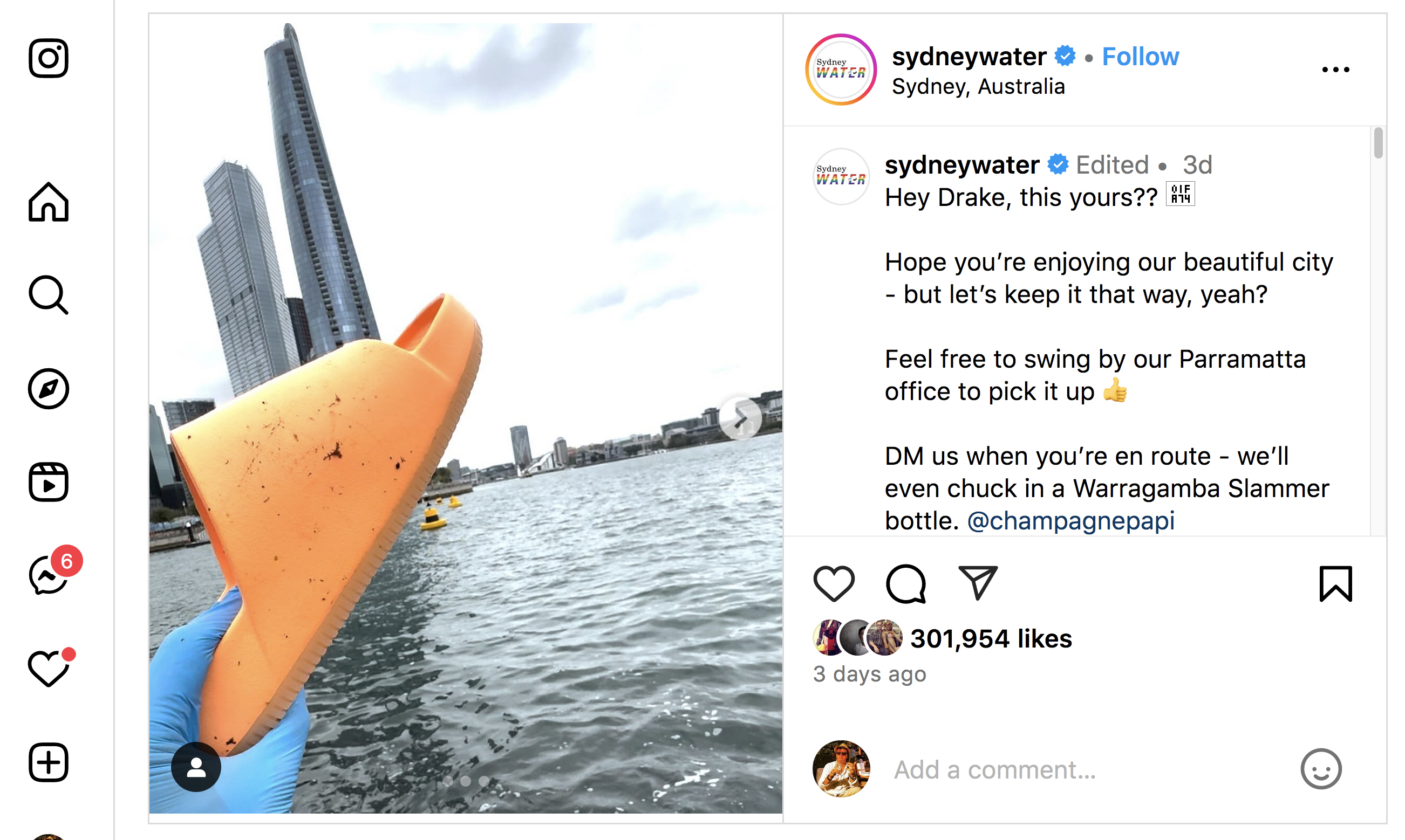 Drake responds to Sydney Water’s social call out via It’s Friday ~ over 7m views on Sydney Water’s account, 92k shares, 2k+ comments, 300k+ likes