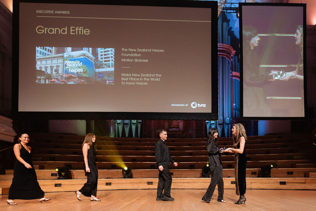 Motion Sickness scores Grand Effie at 2025 New Zealand Effie Awards for NZ Herpes Foundation; Special takes out Most Effective Agency of the Year; Golds to Motion Sickness, Special and jnr.