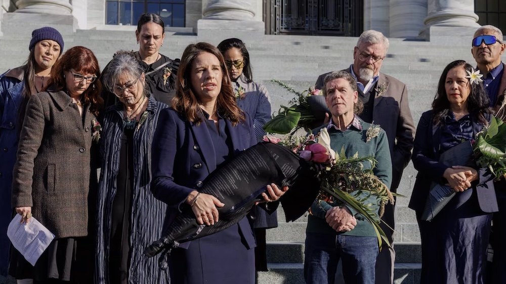 Survivors deliver flowers to Parliament from sites of state and faith-based abuse, supported by the Human Rights Commission and Daylight NZ